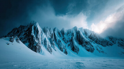 Dramatic, epic frozen mountain ridge covered in snow and ice. cold winter landscape with majestic light breaking through dark cloud