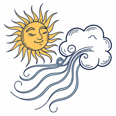 Whimsical sun and windy cloud illustration with swirling wind lines weather