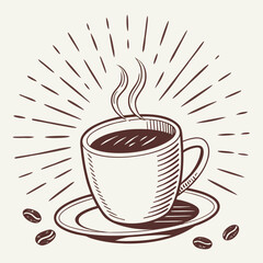 Hand- Drawn Coffee Cup with Steam and Coffee Beans on a Saucer hot drink