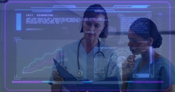 Reviewing clinicians studying clipboard in exam room, wearing scrubs, stethoscope, holographic data