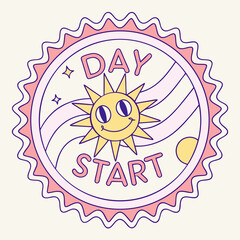 Retro Style Sun with Wavy Lines and Text Day Start happy smiling