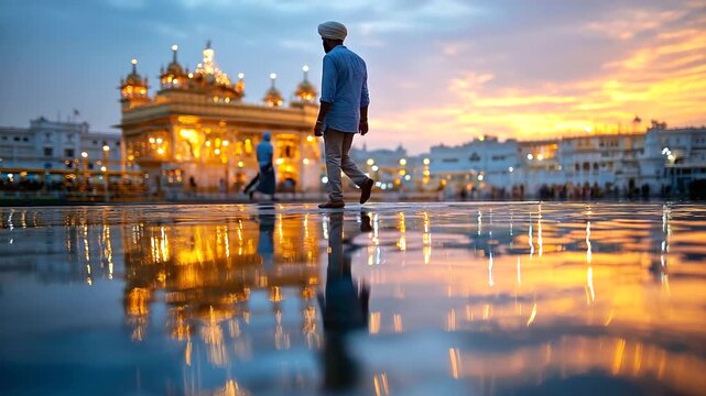 Sikh devotee walking around Amritsar&rsquo;s Golden Temple at dawn, calm reflections, India, Golden Temple, Amritsar, Sikhism, pilgrimage, spirituality, temple, peace, with copy space