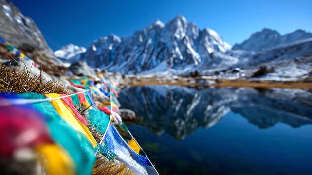 Snow peaks of Himachal reflected in alpine lake, prayer flags on shore, India, Himalaya, Himachal, lake, reflection, mountains, trekking, nature, with copy space