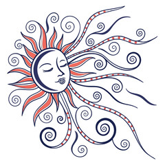 Stylized Sun Face with Swirling Rays and Dots on White Background drawing illustration
