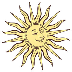 Stylized sun with human face winking on white background anthropomorphic