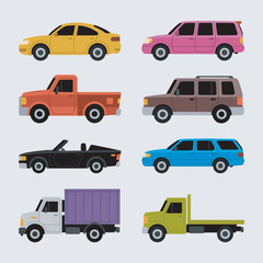 Set of vector transportation icons featuring cars, trucks, vans, buses, and other vehicle symbols