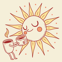 Cheerful Sun Character Holding a Steaming Cup of Coffee cartoon