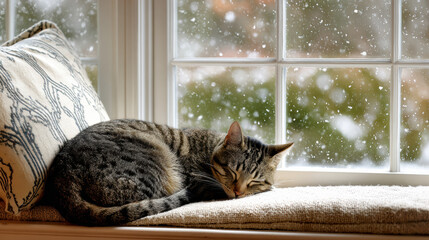 Cozy tabby cat sleeping peacefully on window seat at home, curled up and warm inside during cold winter snow fall outside