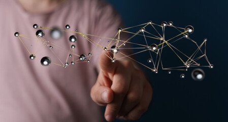 Person interacting with a digital network, concept of connectivity, technology, and data transfer. High-tech, f