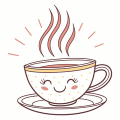 Adorable kawaii coffee cup with closed eyes and steam drink beverage