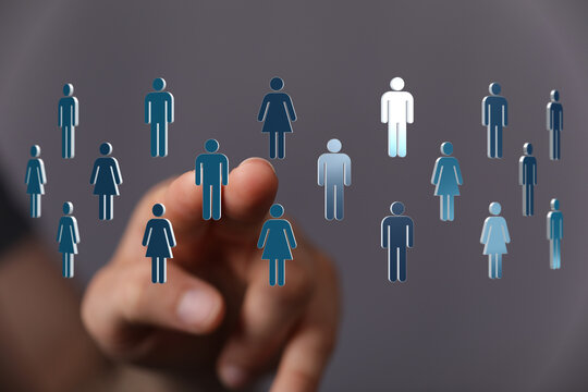 Abstract concept of online digital networking of community with hand and people icons on screen.