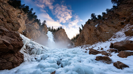 Majestic frozen waterfall in dramatic winter canyon landscape. An icy river flows over rock beneath beautiful, scenic sky during sunrise