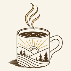 Coffee Cup with Sunrise Landscape Silhouette Inside vector illustration