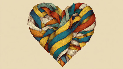 Warm illustration of colorful heart symbol made from woven and intertwined ribbon. graphic showing love, affection, and deep connection