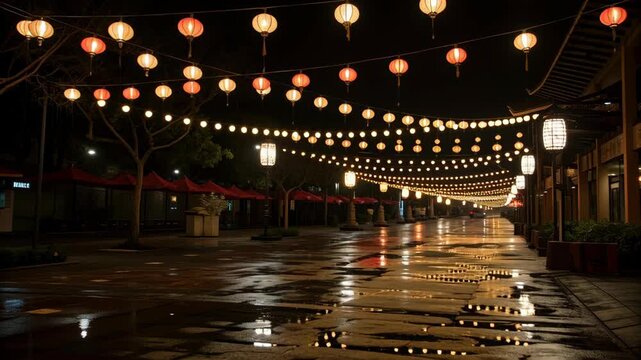 Lantern night street festival reflection in rain with wet lights and string market glow festive asia scene with warm glows and light strings