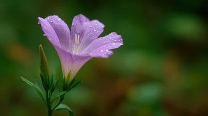Fototapeta premium Serene macro photograph of delicate purple wildflower. Dewdrops sparkle on soft petal against fresh green background. Pure and natural beauty