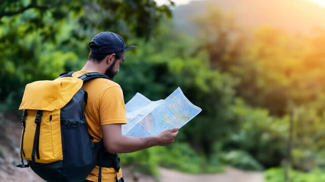 Man with backpack hiking in nature looking at map for navigation and outdoor exploration - Powered by Adobe