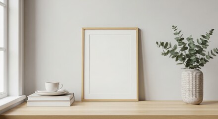 Minimalist home decor mockup with blank frame and eucalyptus in a vase