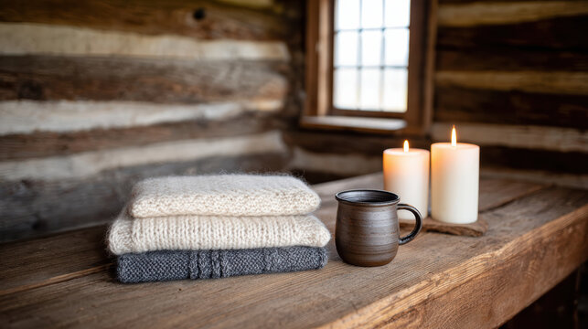 Tranquil cozy rustic cabin interior with warm mug, knitted blanket and lit candle on wood bench creating peaceful and comfortable mood