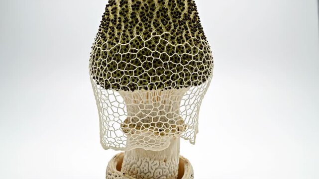 Phallus Indusiatus Mushroom - A close-up shot of a Phallus Indusiatus, or bamboo fungus, highlighting its intricate net-like structure.