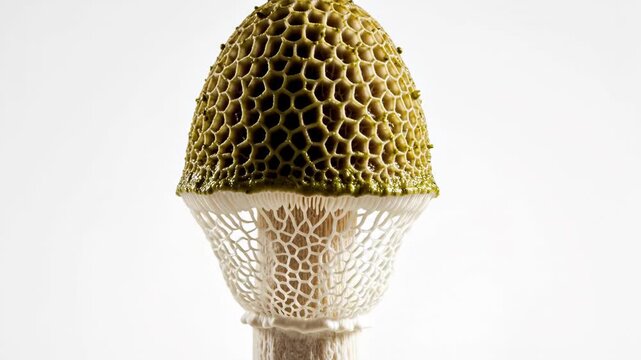 Close-Up of Phallus Indusiatus Mushroom - The video depicts a detailed close-up of the Phallus indusiatus mushroom, showcasing its distinctive honeycomb-textured cap and the intricate lacy skirt