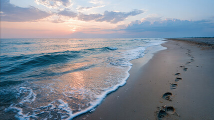 Tranquil, serene beach scene with footprint in sand. calm ocean wave laps coast at sunset, peaceful and scenic nature view