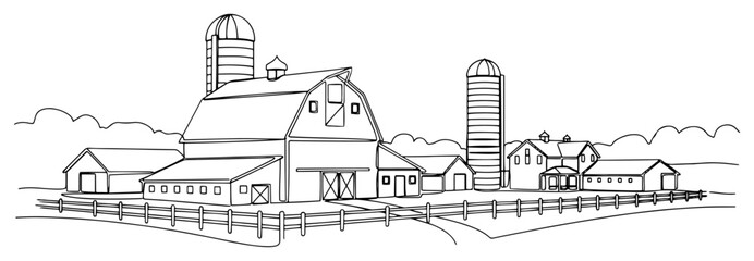 One continuous line drawing of a rural farm landscape with a barn and silo Countryside agriculture scene in minimalist one line art style vector illustration © Wieslaw