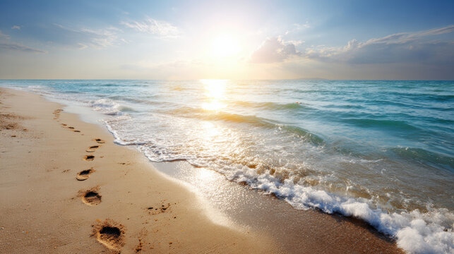 Serene beach sunrise with calm ocean wave lapping on sandy shore. Footprint in sand creates peaceful and tranquil scene