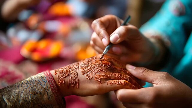 Woman henna artist drawing mehndi on a bride&rsquo;s hand, fine lines, India, mehndi, henna, wedding, bride, beauty, tradition, art, culture, ceremony, with copy space