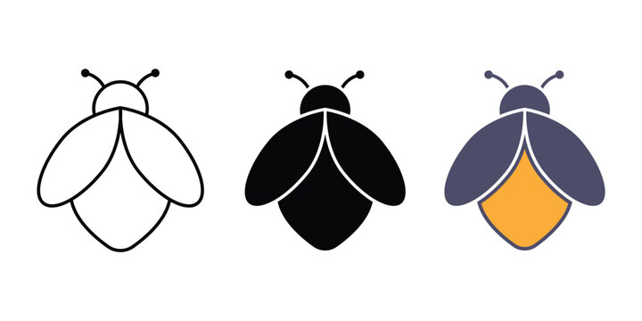 Firefly bug Icon Vector set. Set of fireflies insect glyphs in black and dark blue color. Vector illustration of a stylized firefly with a simplified design.
