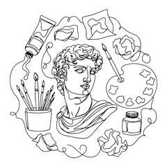 Art supplies and classical bust composition Continuous one line drawing Creativity and painting concept with statue minimalist vector illustration