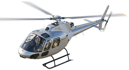 Silver helicopter with rotor blades and landing gear shown from a side angle, isolated on a white or transparent background, cutout, PNG