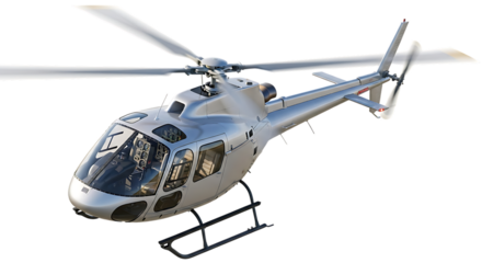 Silver helicopter with rotor blades and landing gear shown from a side angle, isolated on a white or transparent background, cutout, PNG