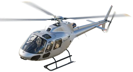 Acrylglasbilder Helikopter Silver helicopter with rotor blades and landing gear shown from a side angle, isolated on a white or transparent background, cutout, PNG  © Rehana