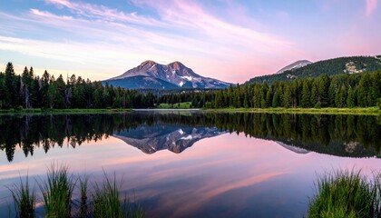 A calm lake perfectly reflects snow-capped mountains and a forest under a pastel pink and blue sunrise sky.