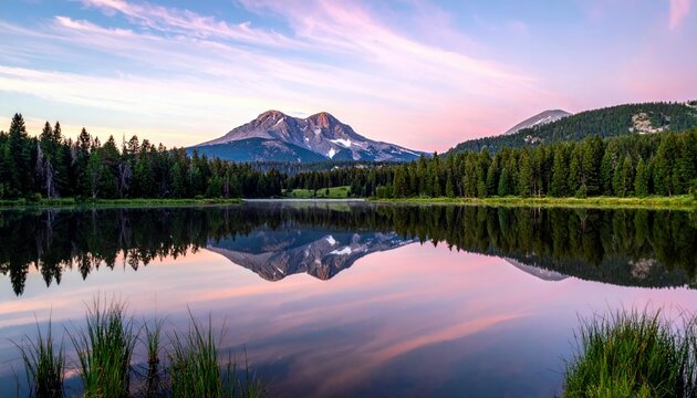 A calm lake perfectly reflects snow-capped mountains and a forest under a pastel pink and blue sunrise sky.