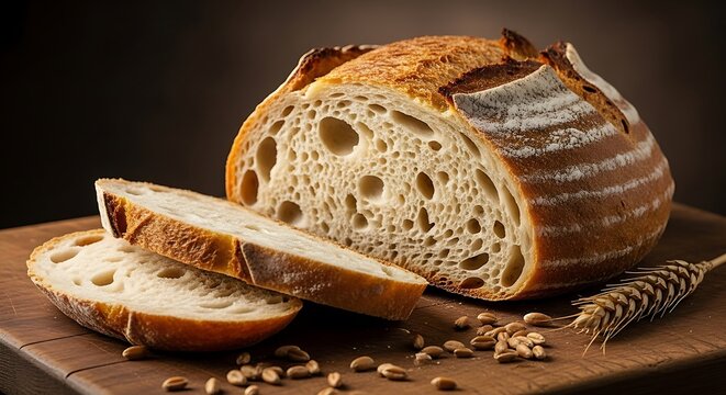 Artisan sourdough bread loaf sliced on a wooden board with wheat seeds and stalk