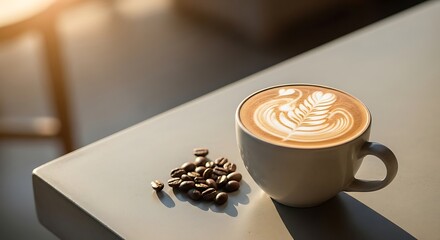 Morning coffee with latte art and coffee beans on a clean table surface for a relaxing break
