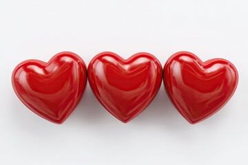 Three glossy red hearts in a row on white background