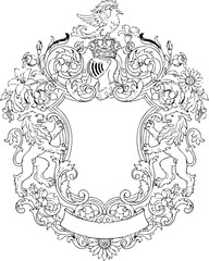 Intricate ornate heraldic crest with lions and bird illustration