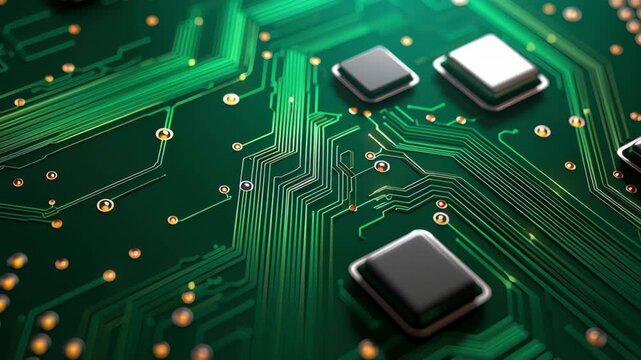 Green circuit board technology with electronic microchip pattern and solder detail closeup, precision PCB motherboard hardware, data connection