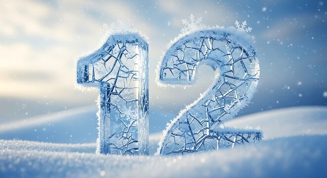 Ice number 12 in snow with frost and snowflakes - Powered by Adobe