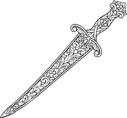 Ornate antique dagger with intricate floral patterns isolated on white