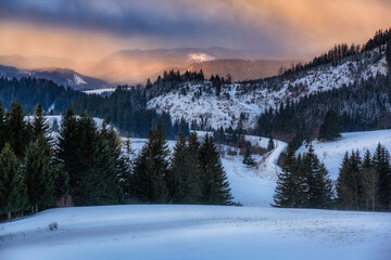 view of the Besnik saddle and the railway line in winter
