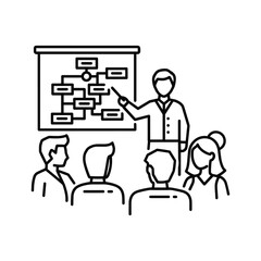 Educational lecture outline illustration. teacher presenting a process flow diagram to students in a classroom setting
