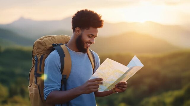 Young man with backpack reading paper map on mountain top at sunset light exploring hiking trail