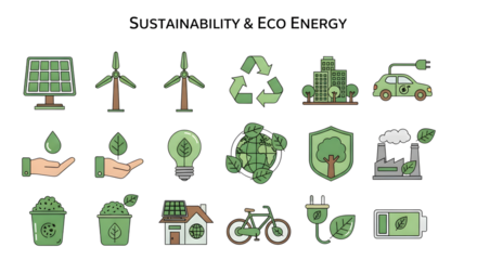 Sustainability and eco energy icons isolated on transparent background