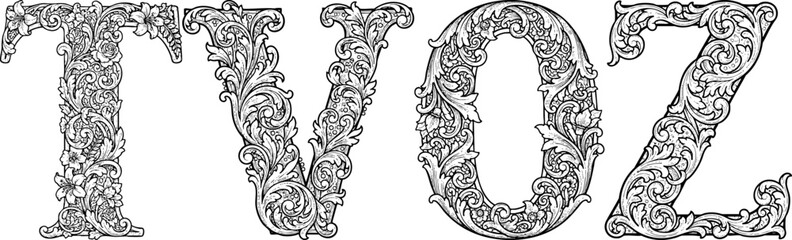 Ornate Floral Typography Letters T V O Z Vintage Design