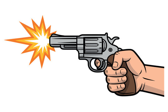 A hand is firing a revolver with a bright muzzle flash