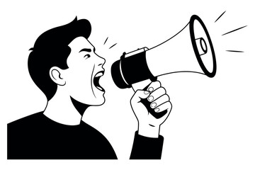 A man shouts loudly into a megaphone, conveying a message with urgency.
